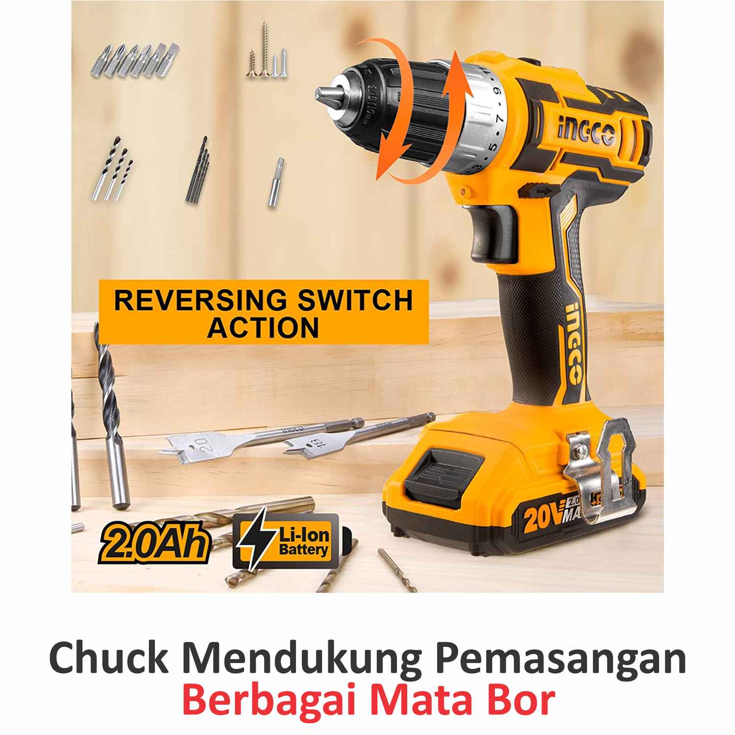 Mesin Bor Cordless INGCO CDLI20012 SS 20 Volt 2B&1FC Tanpa Kabel